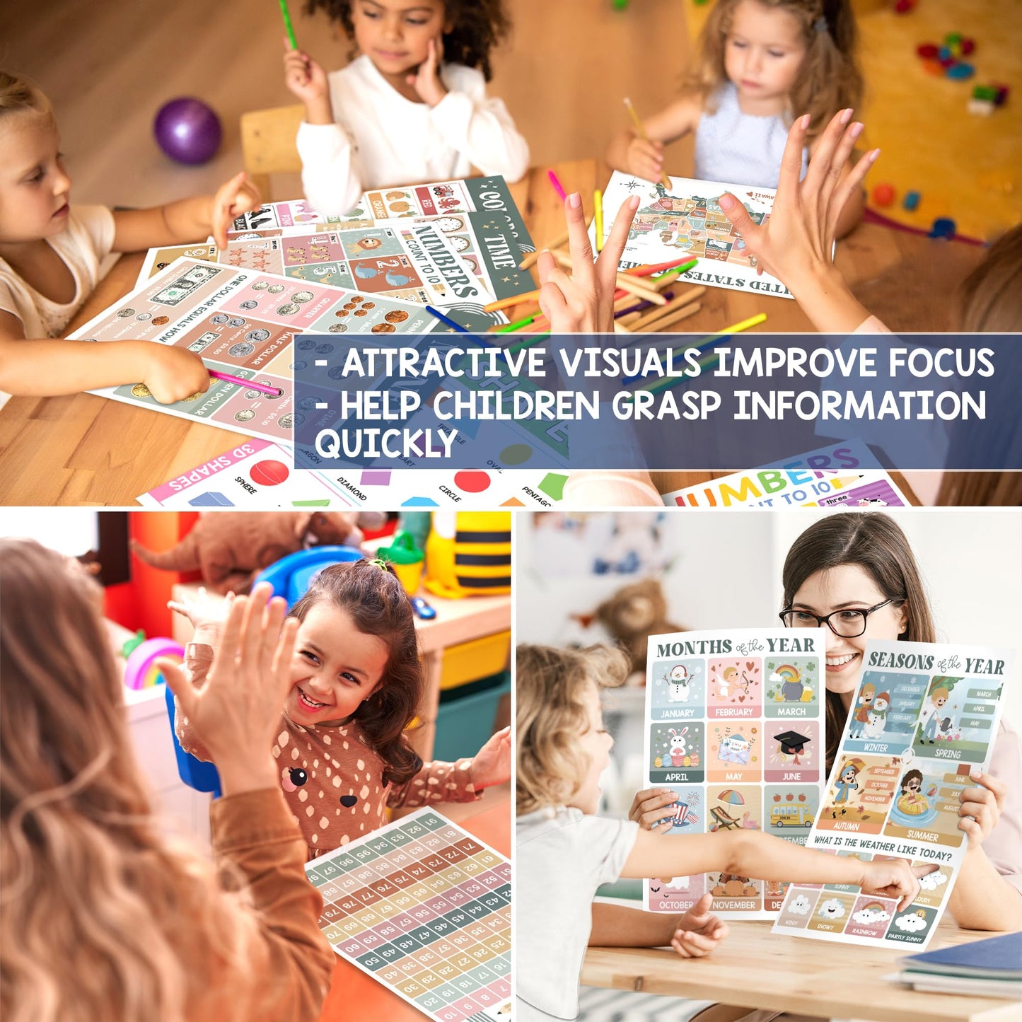 Educational Posters for Preschoolers - Laminated Pre-K and Kindergarten Learning Poster Charts for Toddlers 1-3-5 - Homeschool and Classroom Decor for Kids' Walls (18 Modern Boho Educational Posters)