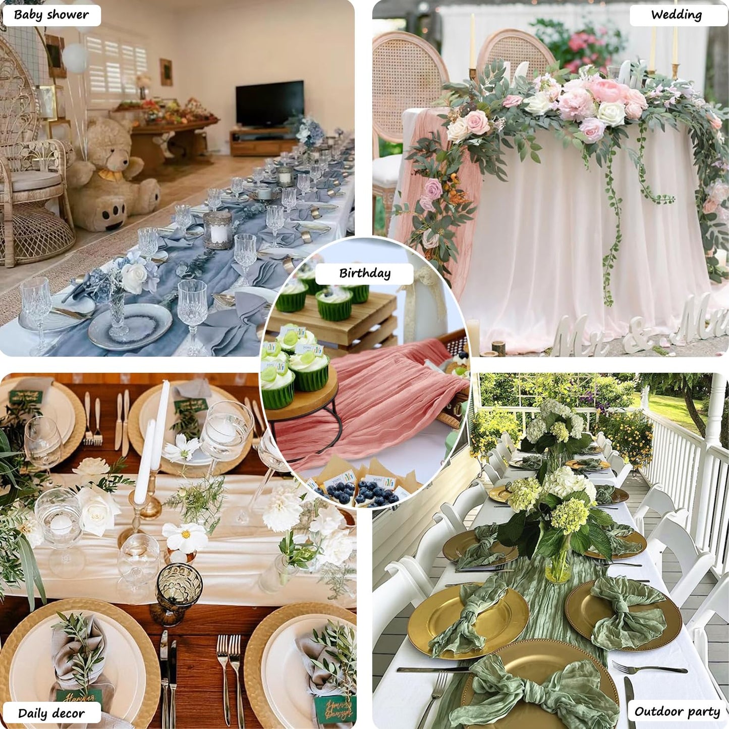 Booque Valley 3 Pack Sage Green Cheesecloth Table Runner 10ft Super Soft Boho Wrinkled Gauze Sheer Cloth for Baby Shower Baptism Birthday Party Wedding Centerpiece Table Decoration, 35x120 Inch