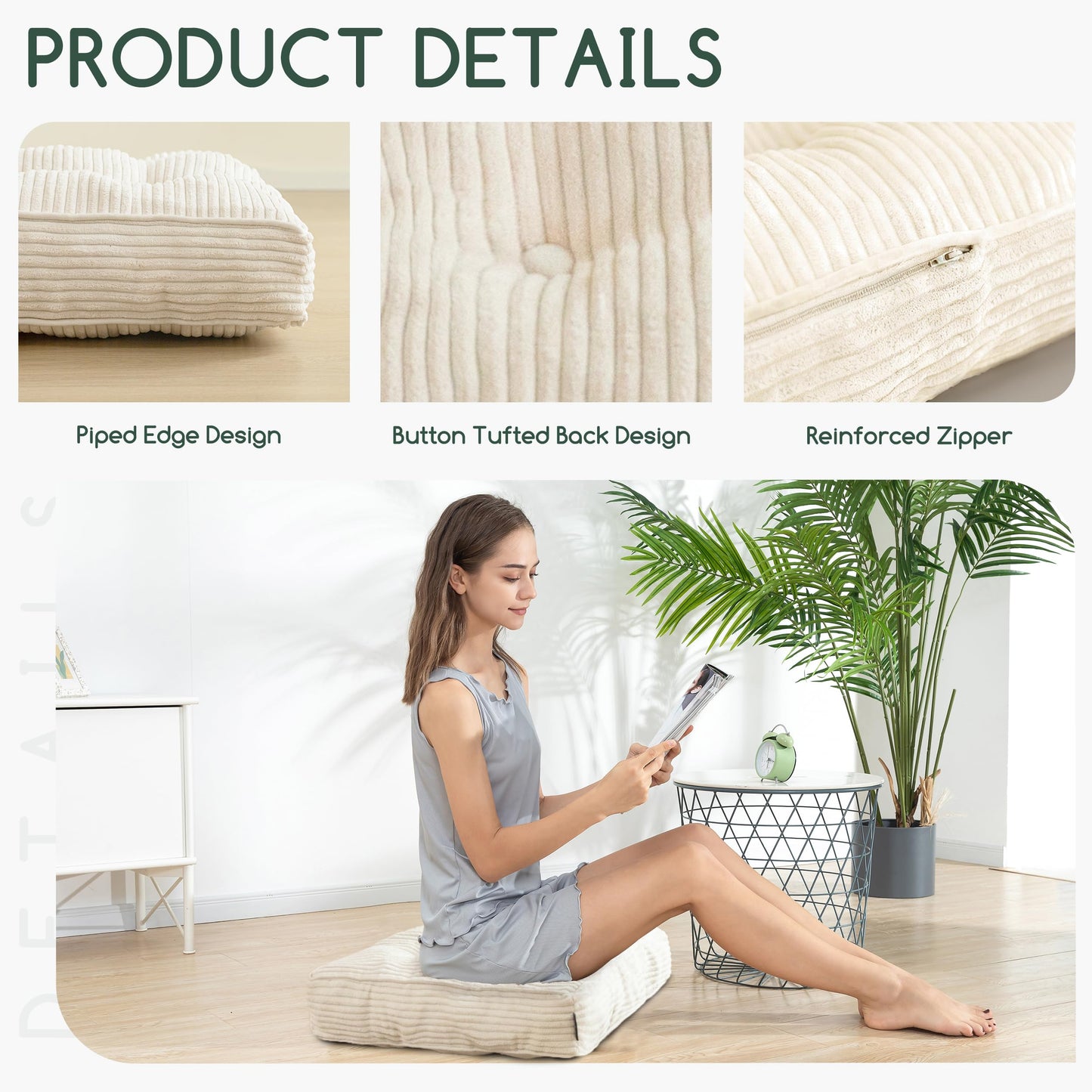 HIGOGOGO Tufted Corduroy Recliner Seat Cushion for Elderly, High Density Foam Large Square Seat Cushion for Recliner Chair, Floor Pillow, Office Chair, Car, No Pressure on Thighs, 20x20x4