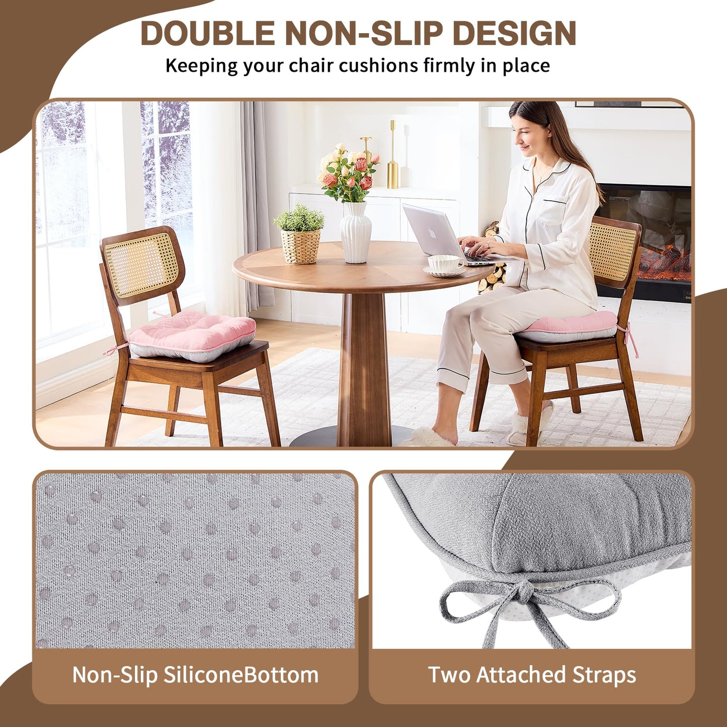 BETU Chair Cushions for Dining Chairs Set of 2,3.5" Thick Kitchen Table Chair Pads with Ties,Non Slip Backing and Covers, Seat Cushion for Dining Room,Bar,Patio Chairs,15.5"X15.5"X3.5",Light Grey