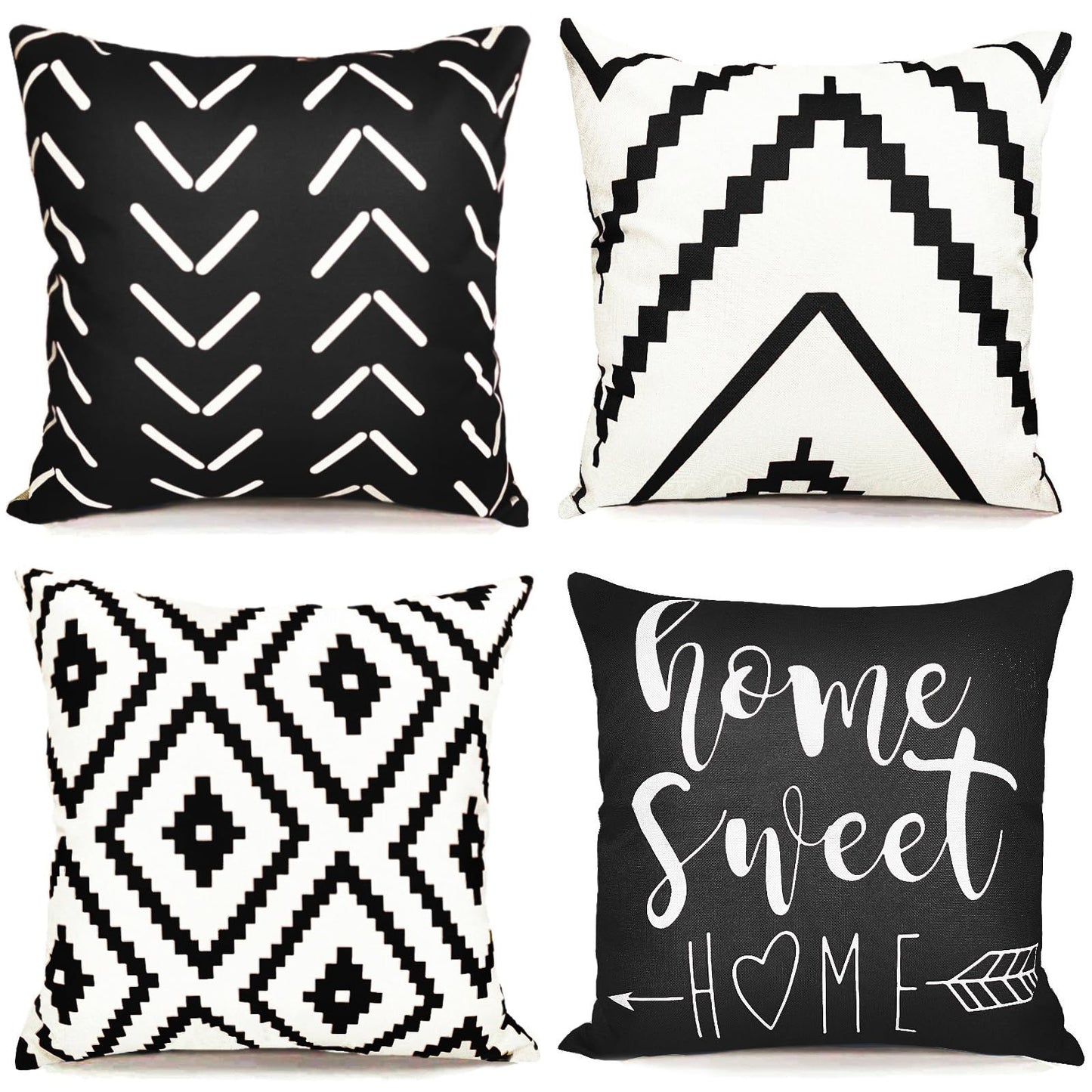 RYSMIYOU Decorative Throw Pillow Covers 18x18 inch Set of 4 Black White Pillow Covers for Couch Sofa Bed Living Room,Farmhouse Outdoor Throw Pillow Cover,Geometric Linen Square Throw Pillow Cases