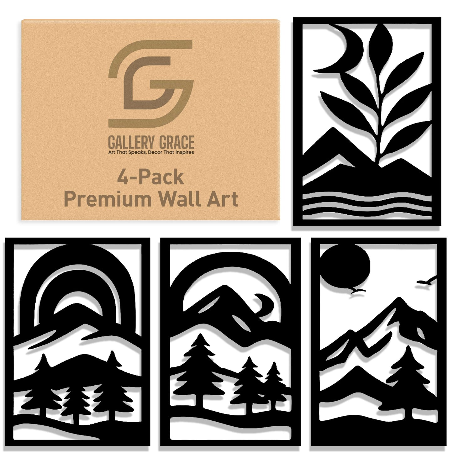 GALLERY GRACE Metal Wall Art Decor – 11" x 16" Set of 4 Abstract Landscape Panels for Living Room, Office, or Bedroom – Minimalist Single Line Black Wall Art with Mountains, Trees, and Sunrise