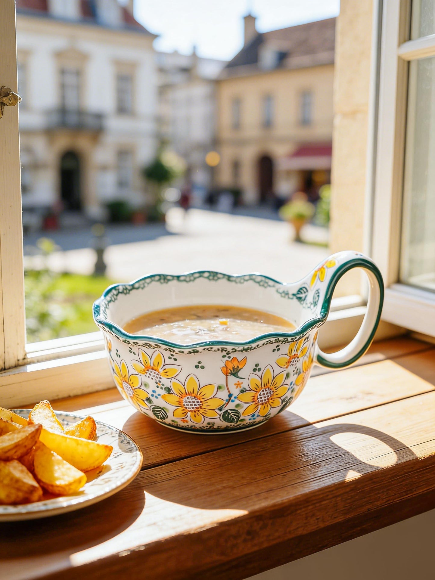 silesia Handmade Ceramic Soup Bowl, 30 oz Hand Painted Bowl with Loop Handle, Floral Design Cereal Bowl for Soup, Ice cream, Snack, Microwave & Dishwasher Safe (Sunflower)