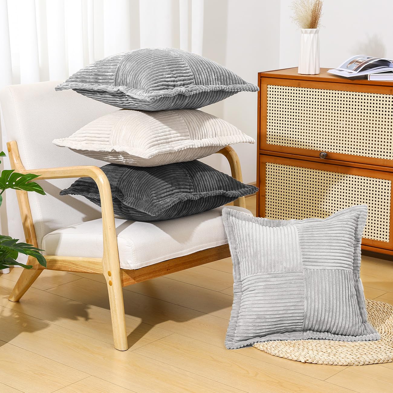 Lewondr Corduroy Throw Pillow Covers 18×18 Inch, 4 Pack Soft Square Throw Pillow Cases, Decorative Boho Striped Couch Pillow Covers for Living Room Bedroom Sofa Bed Office Cushion Cover, Gray