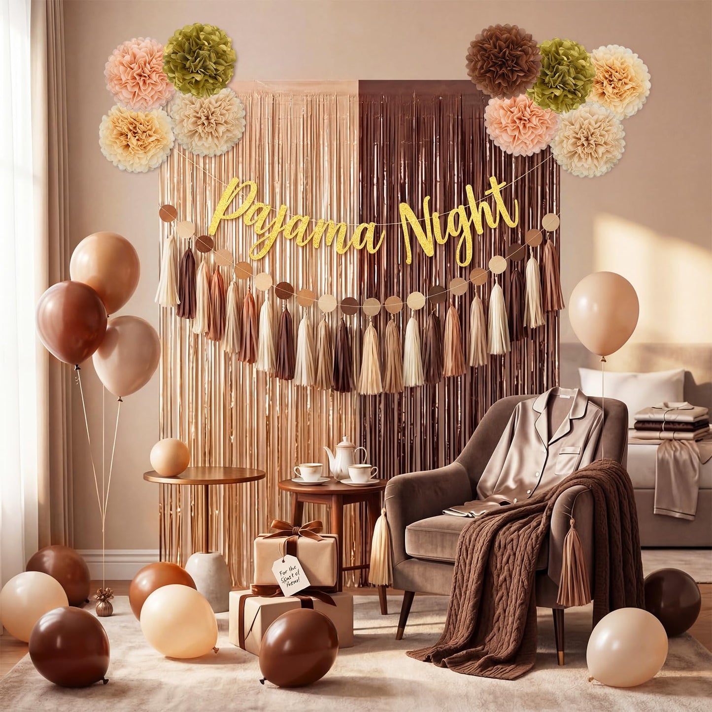 Riceshoot 41 Pcs Brown and Beige Pajama Night Party Decoration Kit Include Pajama Night Banner Paper Pom Poms Tassel Garland Circle Dot Banner Balloons for Gathering Brown Party Decoration Supplies