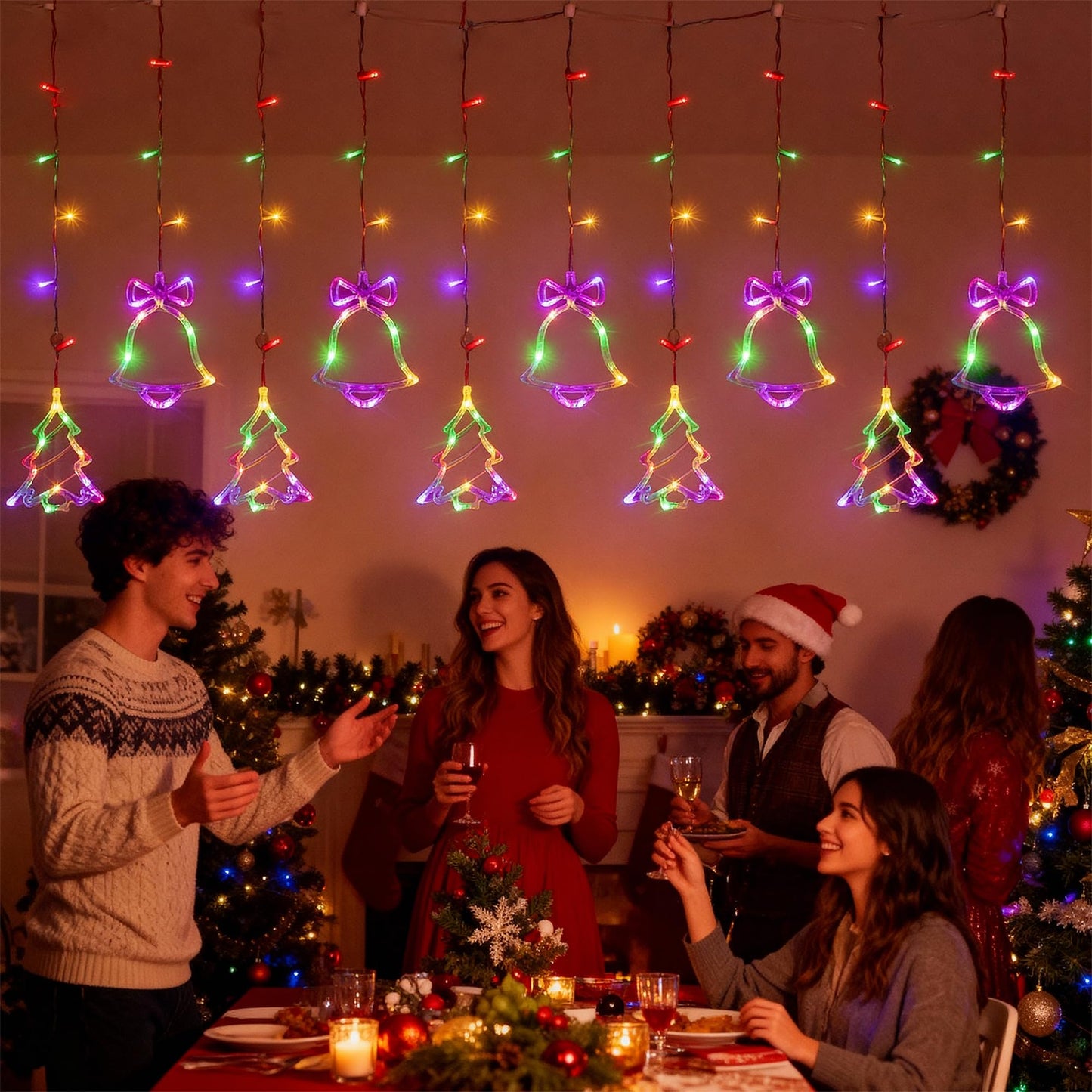 NWLIGHT Christmas Window Lights 140LED, 9ft Christmas Curtain Lights with Tree Bell 8 Modes Xmas String Lights Decorations for Bedroom Wall Window Indoor Outdoor Party Decor