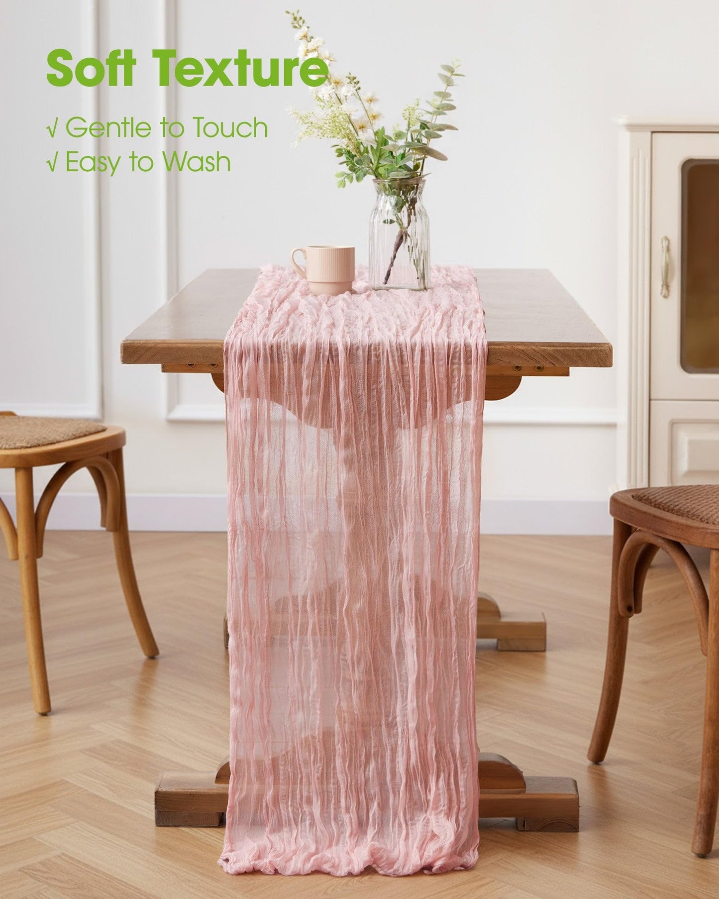 Pureegg 2-Pack Cheesecloth Table Runner, 120'' Easter Spring Boho Gauze Table Cloth Decorations for Party, Baby Shower, Wedding and Farmhouse, Fabric Room Decor, Dusty Pink