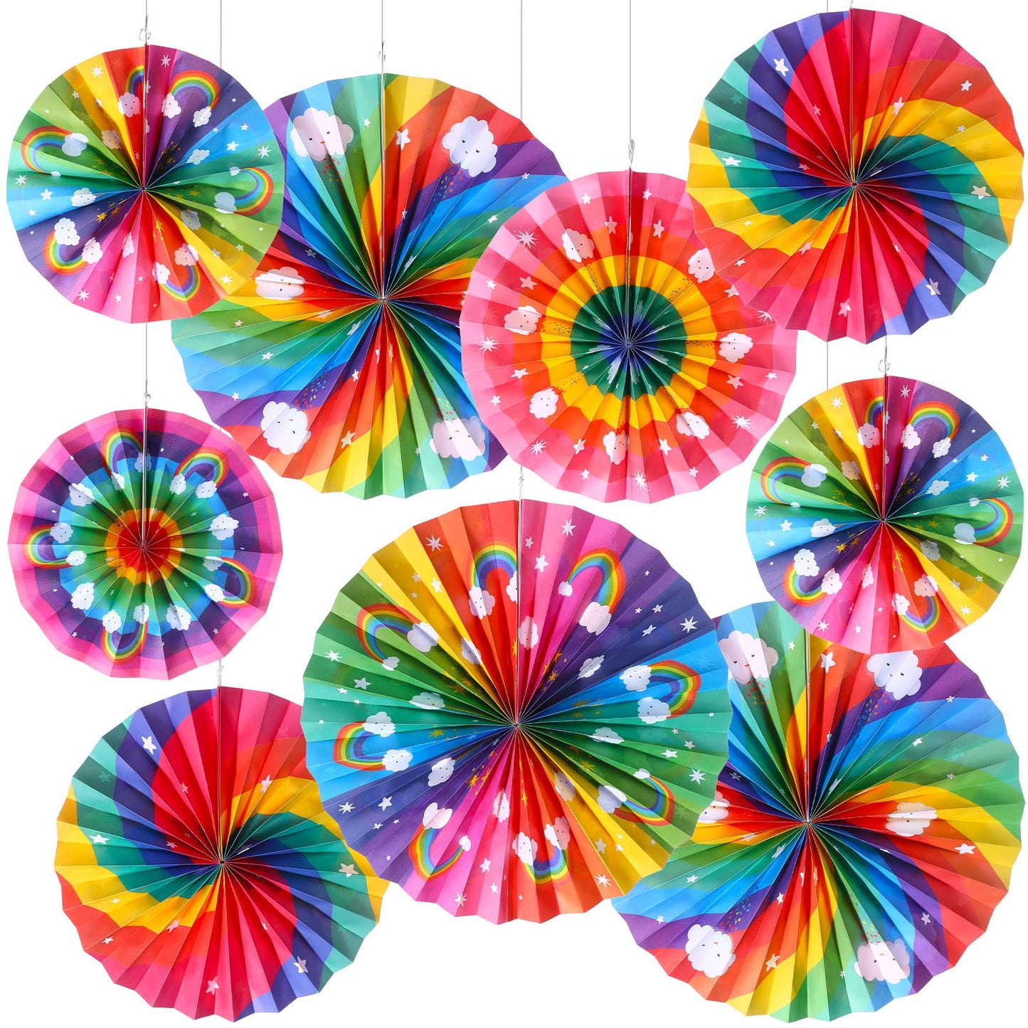 Outus 9 Pcs Rainbow Party Decorations Paper Fans Boho Classroom Bulletin Board Decor Ceiling Wall Hanging Paper Fans for Rainbow Birthday Baby Shower Party Supplies