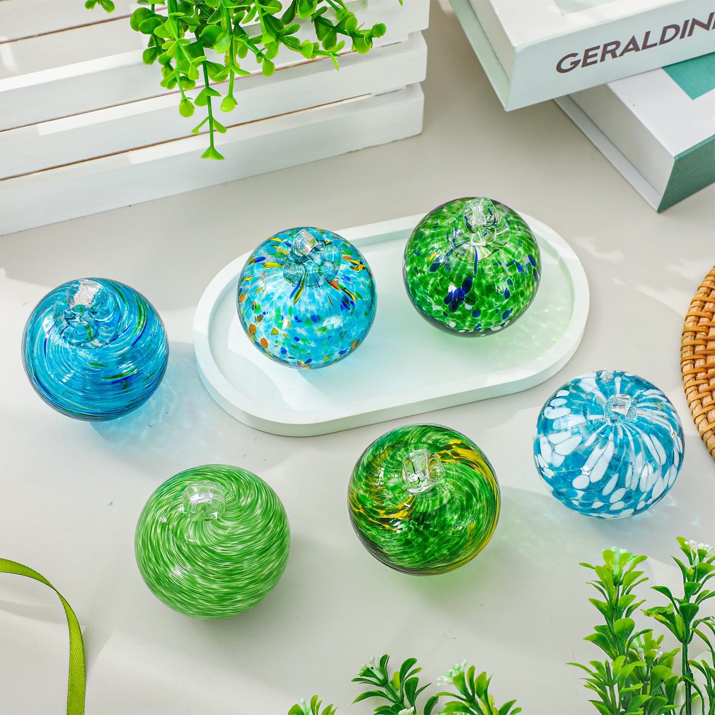 JarThenaAMCS 6Pcs Hand Blown Glass Ball Ornaments 2.4 Inch Blue Green Hanging Friendship Witch Balls for Home Party Garden Wall Window Decor