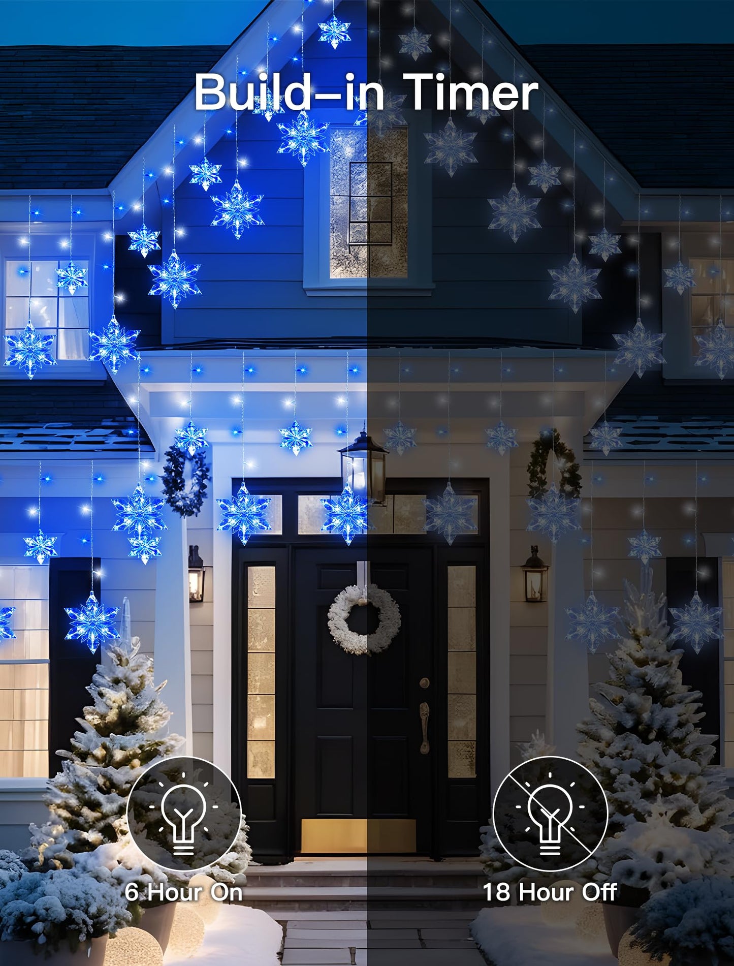 BEEWIN Christmas Snowflake Lights Outdoor,8.2 FT 144 LED Snowflake Icicle Lights with 12 Drops,8 Modes Timer Waterproof Connectable Xmas Light for Eaves,Windows,Curtain,Indoor Outdoor(Blue White)