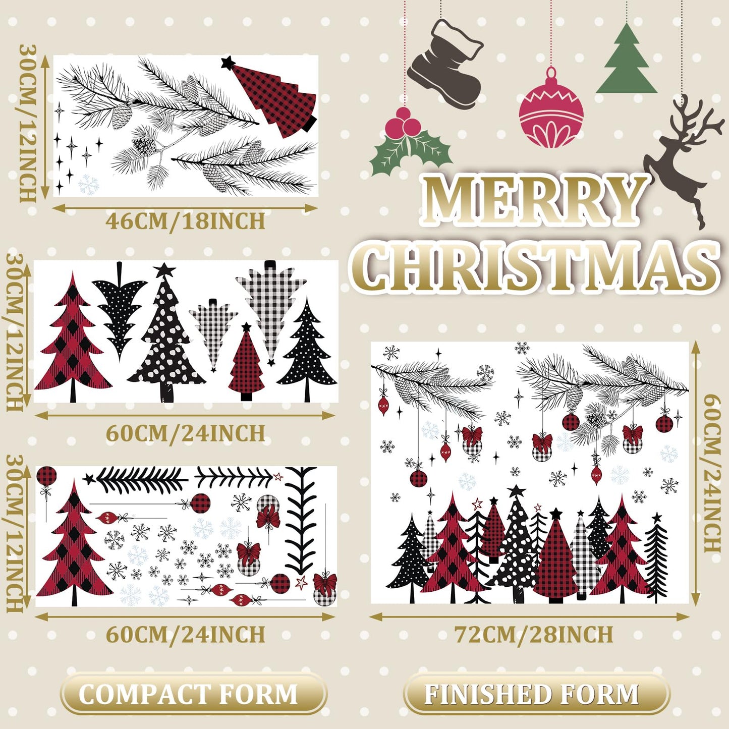 Qeeenar 3 Sheets Christmas Wall Decals Christmas Window Cling Sticker DIY Xmas Tree Stickers Removable Wall Stickers for Winter Living Room Xmas Holiday Decoration(Cute Style)
