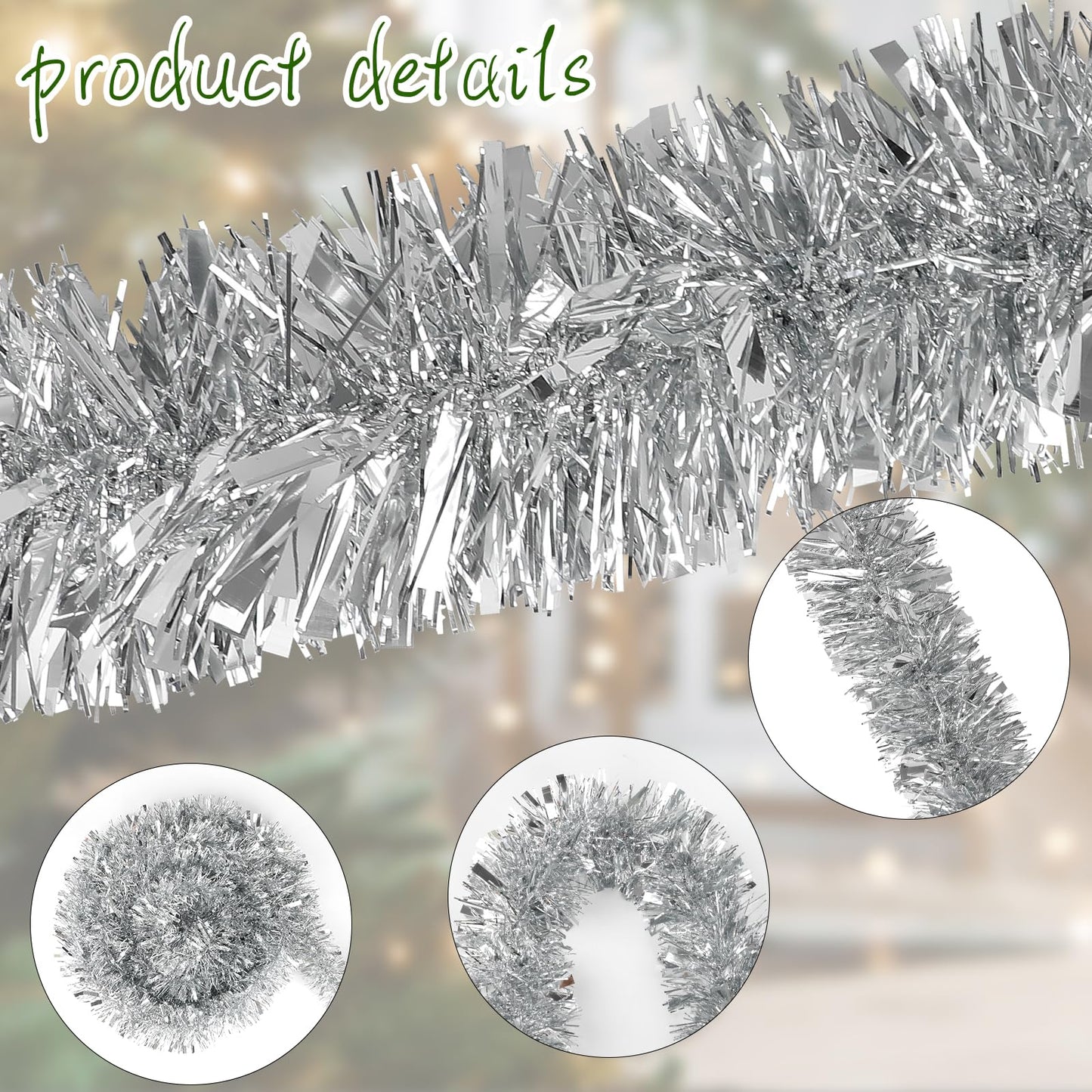 DECORA 33 Feet Silver Tinsel Garland, Christmas Metallic Hanging Tinsel Garland for Xmas Tree Home and Party Decoration