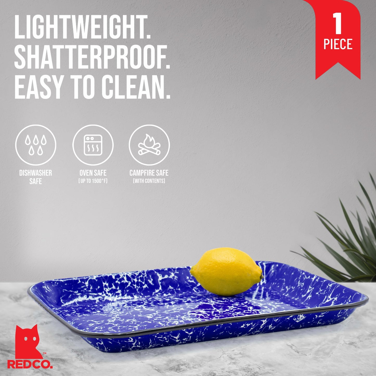 Red Co. 13.5” x 10” Enamelware Metal Classic 1.6-Quart Rectangular Serving Tray, Navy Blue Marble/Black Rim – Splatter Design