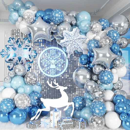 Jobkoo Snowflake Balloon Garland Arch Kit Winter Snowflake Balloons with Silver Blue White Snow Confetti Latex Balloon for Winter Wonderland Christmas Baby Shower Princess Birthday Party Decor