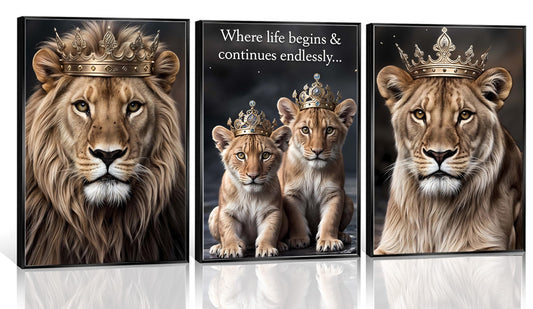 FJKLRP 3pcs Lion Family Canvas Wall Art The Lion King and Queen with Crown Prints Posters Modern Motivational Animal Wall Decor Paintings for Home Bedroom Living Room Office Decoration Unframed