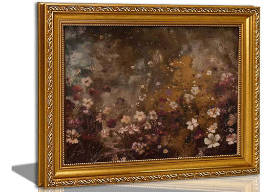 Vintage Gold Framed wall art Vintage Floral Canvas Moody Wildflower Field Dark Pictures Aesthetic Wall Decor Rustic Botanical Painting Print 9x11in