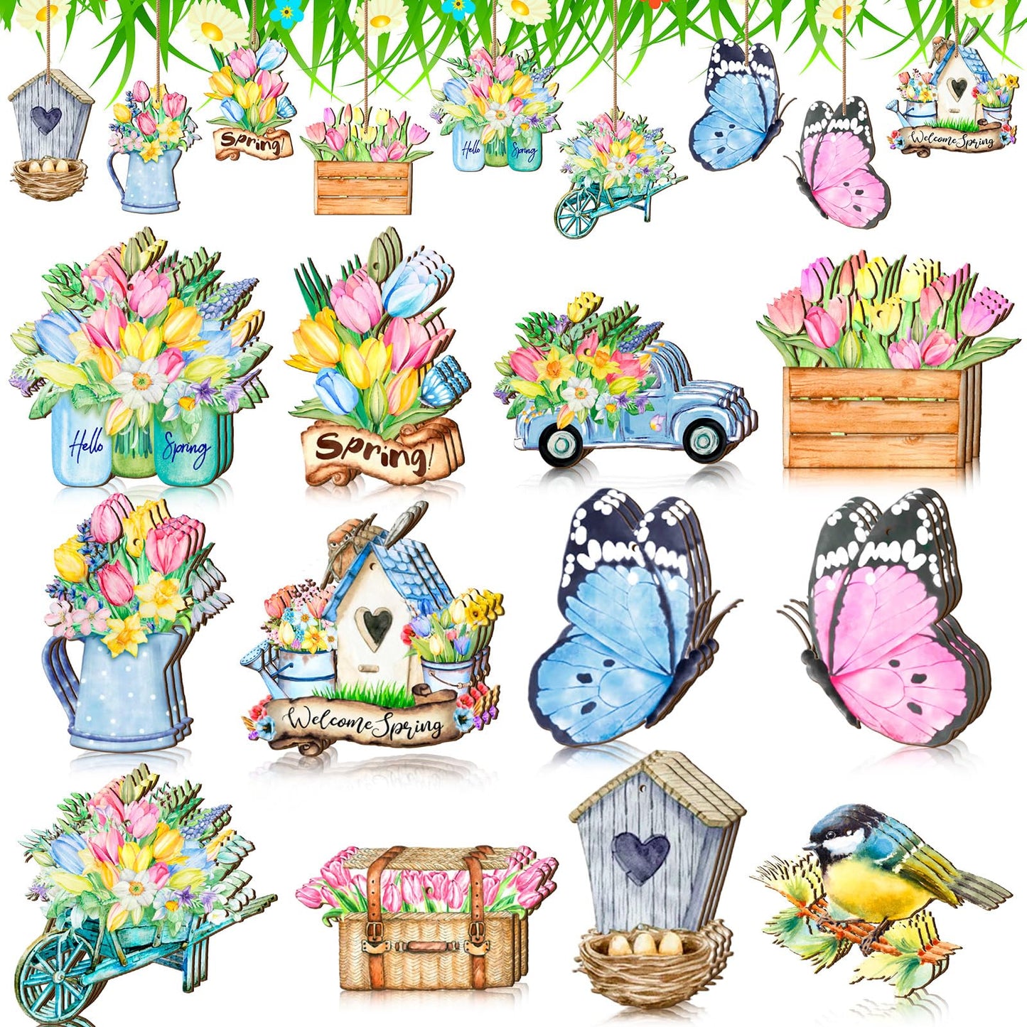 Anglechic 36 Pcs Spring Tree Ornaments Hawaiian Wood Hanging Decoration Butterfly Bird Truck Patterns Ornaments for Tree Luau Hawaiian Party Supplies