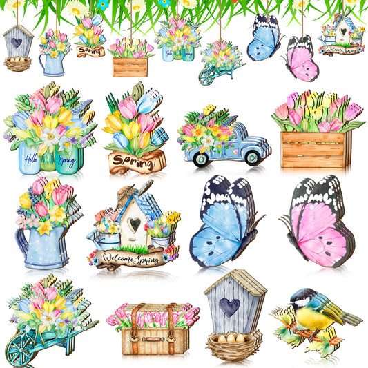 Anglechic 36 Pcs Spring Tree Ornaments Hawaiian Wood Hanging Decoration Butterfly Bird Truck Patterns Ornaments for Tree Luau Hawaiian Party Supplies