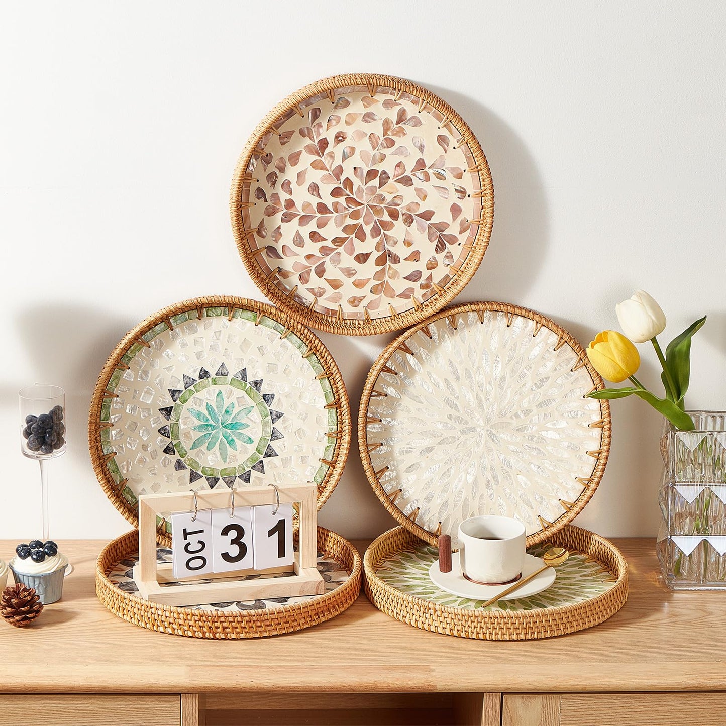 Kmelep Round Rattan Tray with Mother of Pearl Inlay, Rattan Serving Tray with Wooden Base, Decorative Wicker Basket for Table Decor, Storage and Display of Coffee Bread Food Fruit (Leaf 2)