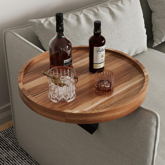 Semjar Acacia Wood Couch Arm Tray Table,Anti-Slip Adjustable Round Sofa Arm Tray,Wooden Armrest Caddy Table for Couches,Arm Chair Companion for Drinks Cellphone TV Remote Snacks