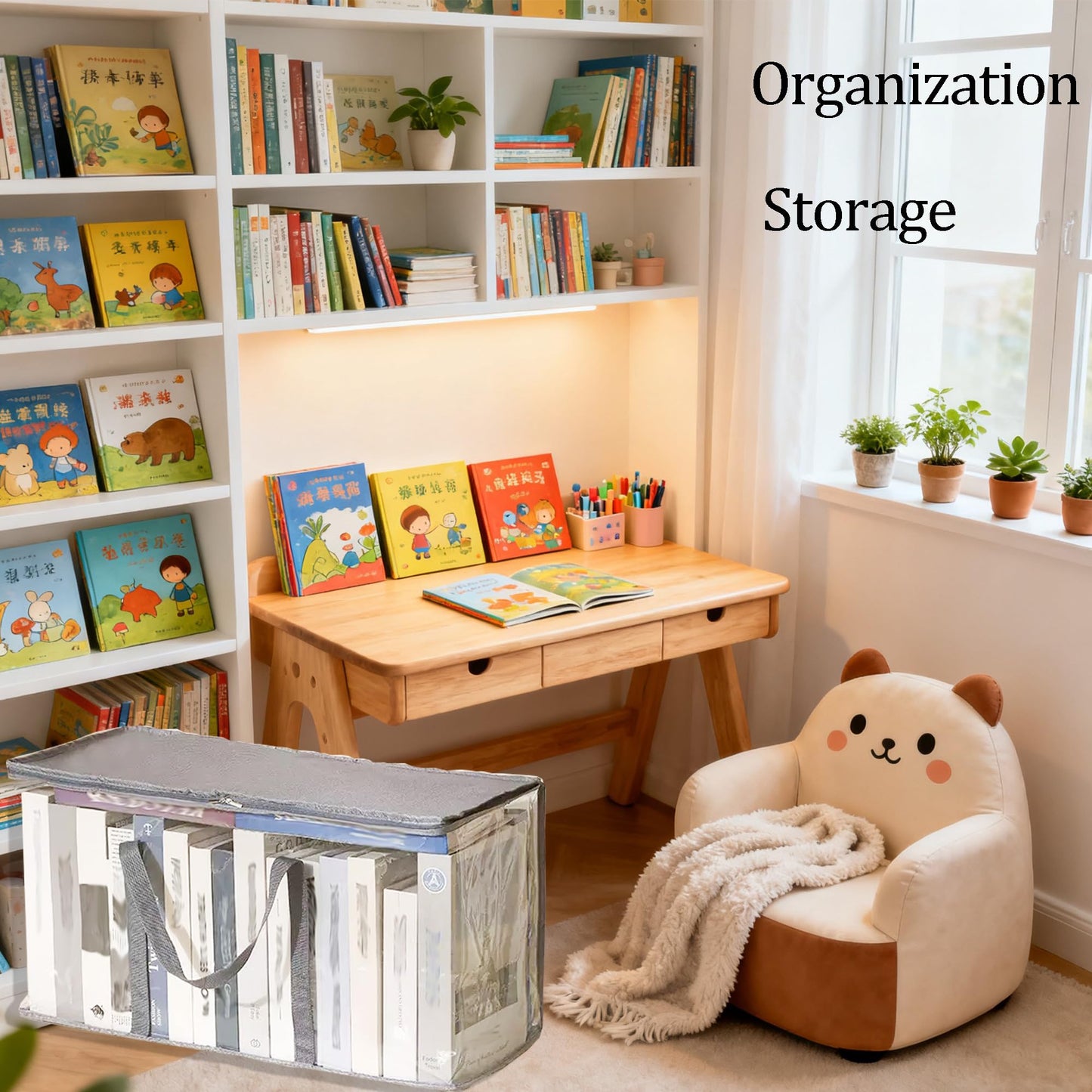 Extra-Large Size Book Storage Books Carrier Plastic Comic Books Organizer 59 * 25 * 30cm/23.2 * 9.8 * 11.8inches Collapsible Display Case with Lid and Lifting Handle for Book Toys