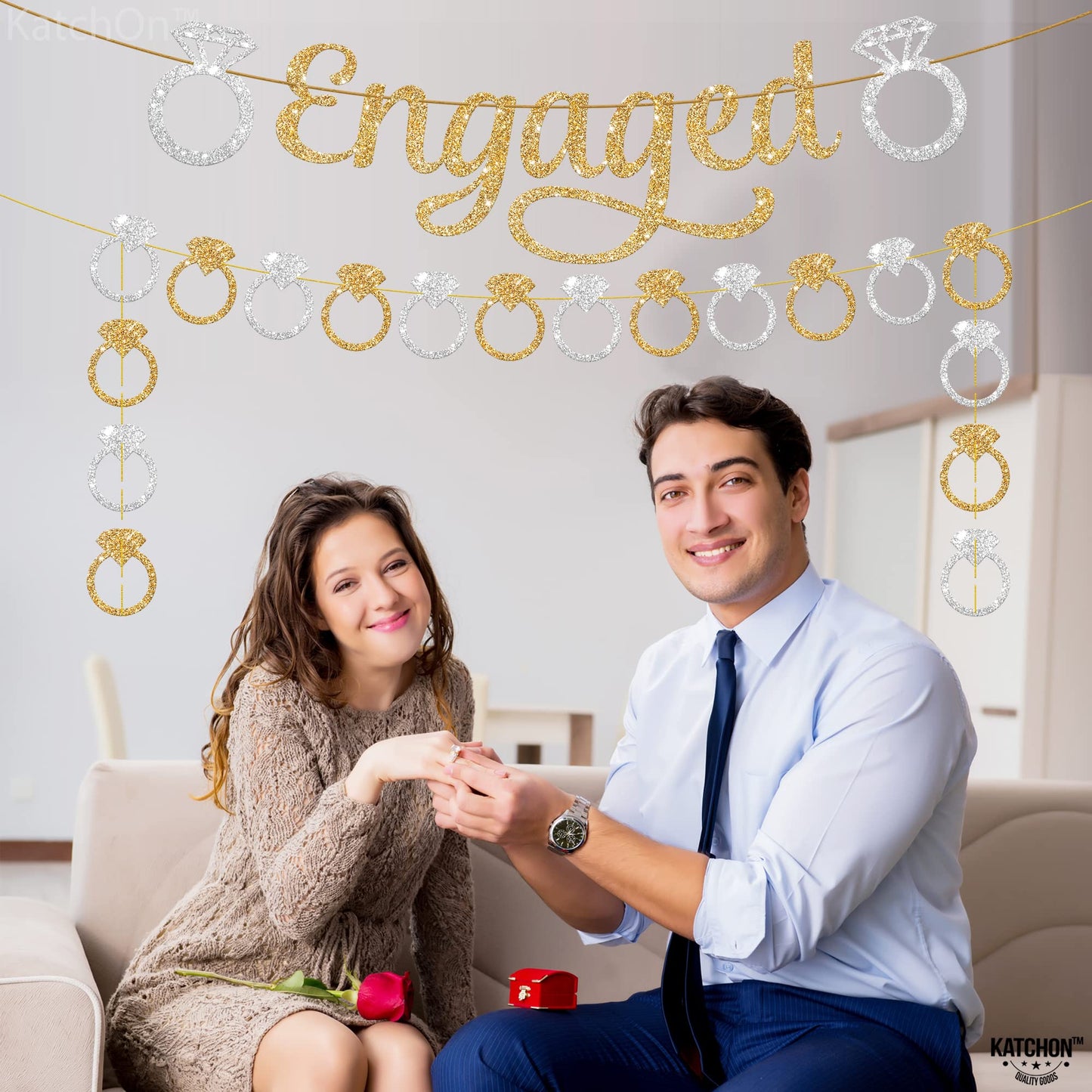 KatchOn, Pre-Strung Gold and Silver Glitter Engaged Banner - 2 String, 10 Feet, No DIY | Engagement Party Decorations | Banner for Bachelorette Party Decorations, Engagement Decorations, She Said Yes Decorations