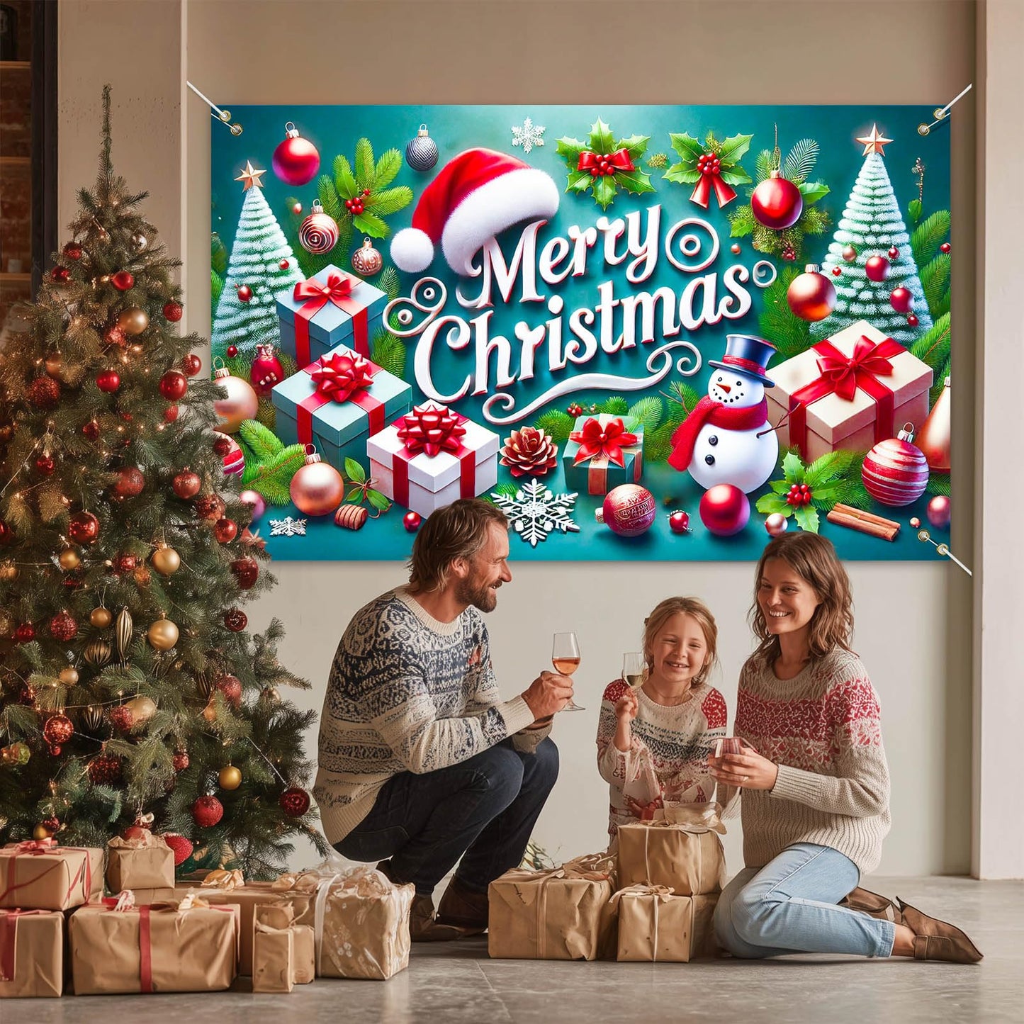 BlissYard Christmas Banner Merry Christmas Snowman Gift Tree Backdrop Green Red White Holiday Wall Decoration Party Photo Prop Indoor Outdoor Scene for Home Office 71 X 43 Inches