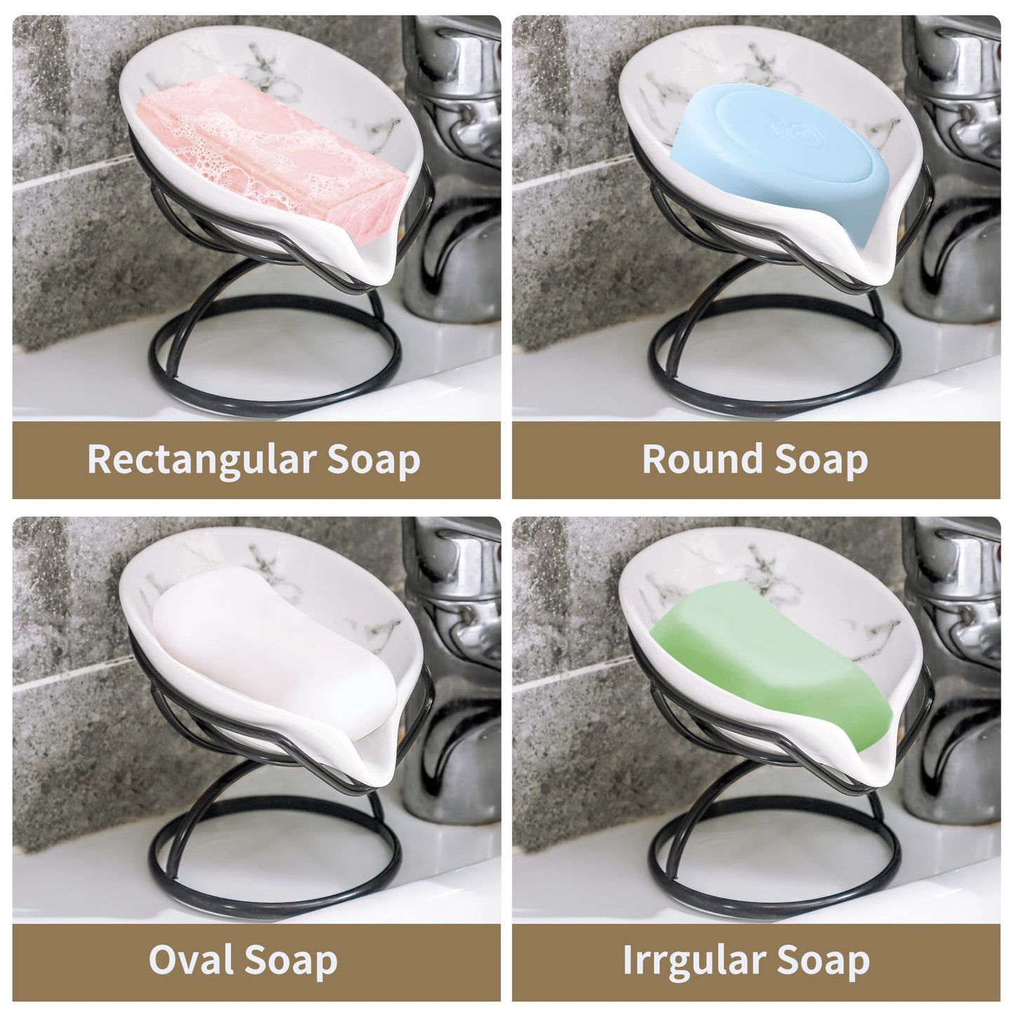Dobbyby Leaf-Shaped Soap Dish – Premium Ceramic Soap Bar Holder with Self-Drainage System – Bar Soap Holder for Shower, Bathroom Sink, Kitchen – Waterfall Soap Dish with Stainless Steel Stand (Black)