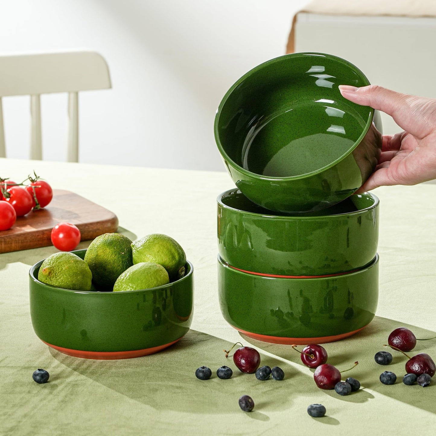 Shrynxal 26 OZ Cereal Bowl,6 Inch Ceramic Bowl Sets for 4,Suitable for Breakfast, Soups, Oatmeal, Ramen, Pho, Udon and Ssoba,Dishwasher & Microwave Safe, Handcrafted Bowls Sets,Elegant Green