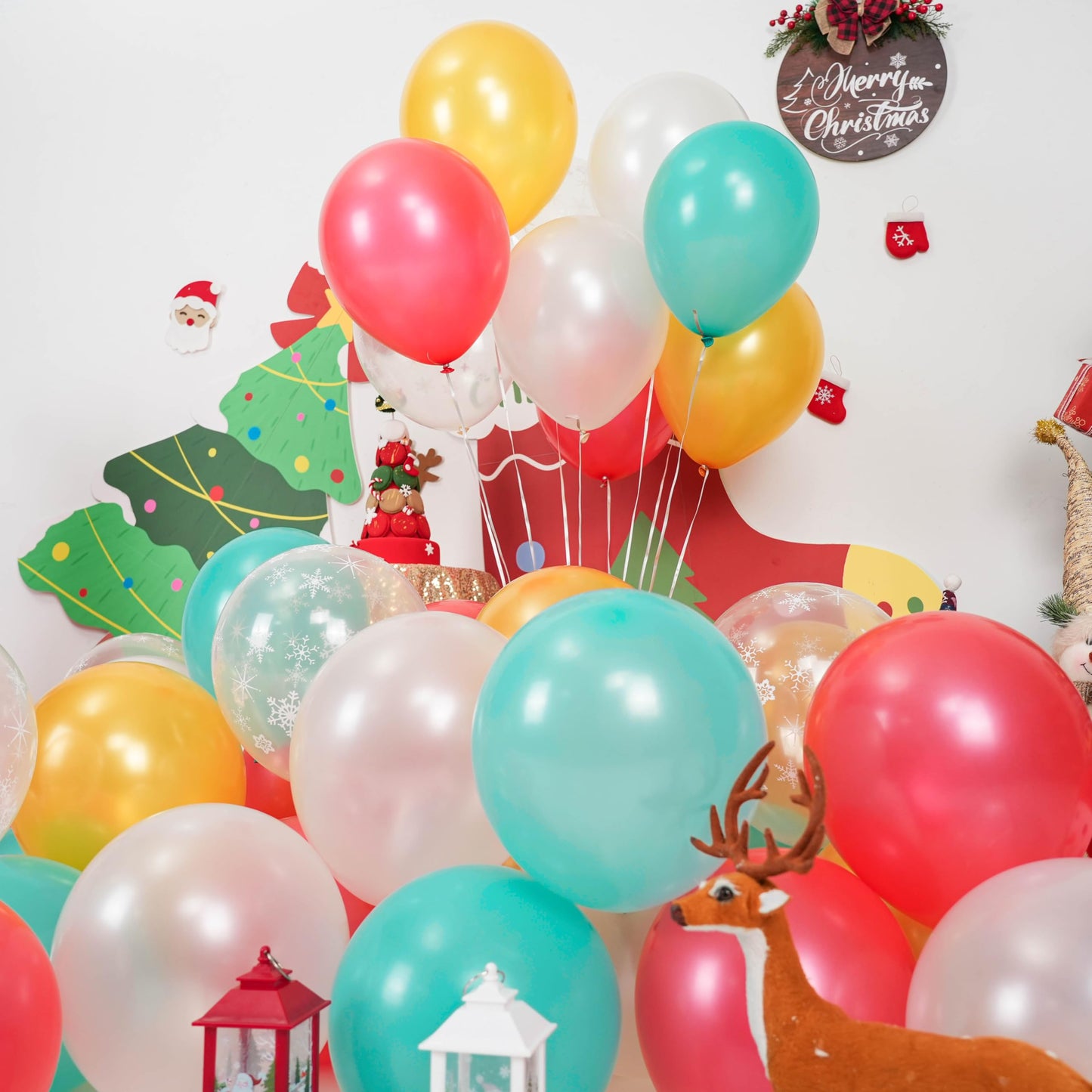 Christmas Balloons, Pearl Red Gold Teal Blue Balloons with Snowflake Print Balloon, Pearl White Gold Xmas Party Latex Balloon for Christmas Birthday Winter New Year Party Decorations Supplies