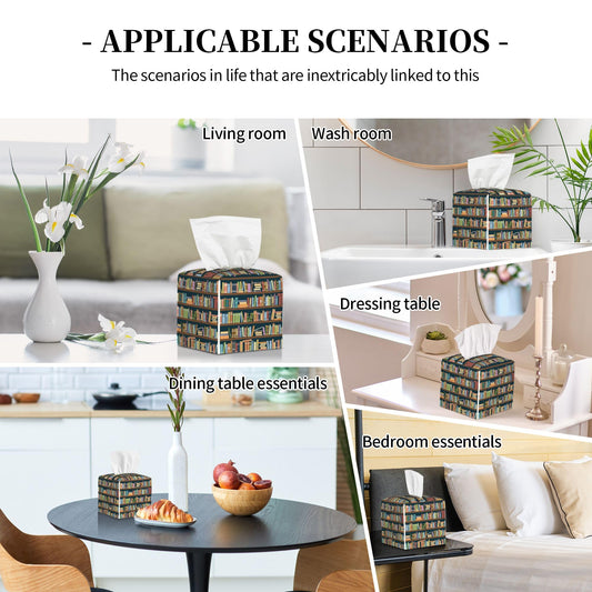 POIUBLE Tissue Box Holder Bookshelves Full of Books Tissue Box Cover Square Leather Tissue Holder Organizer Portable Decorative Facial Paper Case for Home Office Bathroom Vanity Countertop