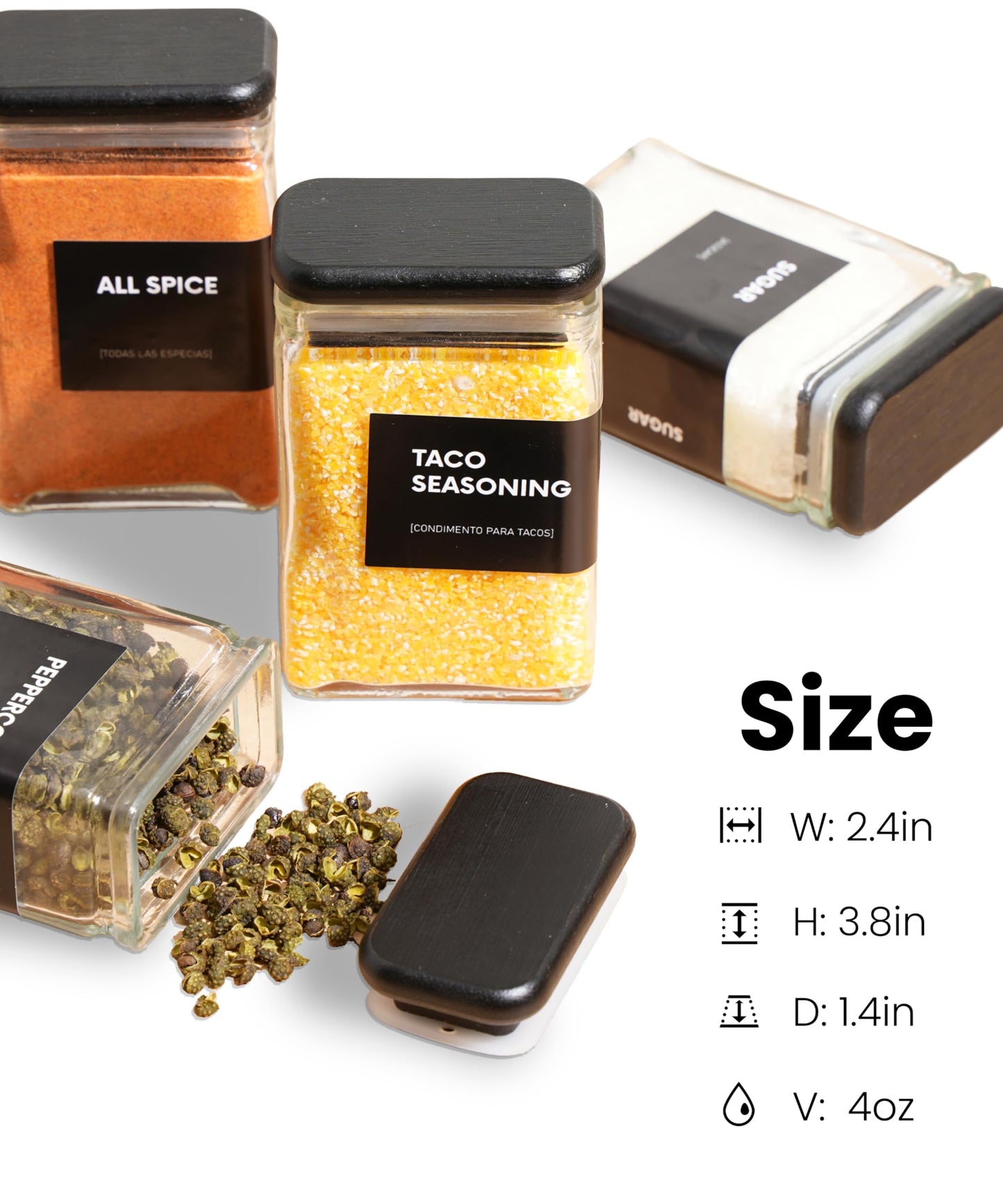 APT 1101 Glass Storage Jars with Bamboo Lid, glass canisters with airtight lids, Clear jars with lids for Spice, Cookie, Candy, Tea, Coffee Bean and Rice (Black, Spice Jar Set (4 oz, set of 12))