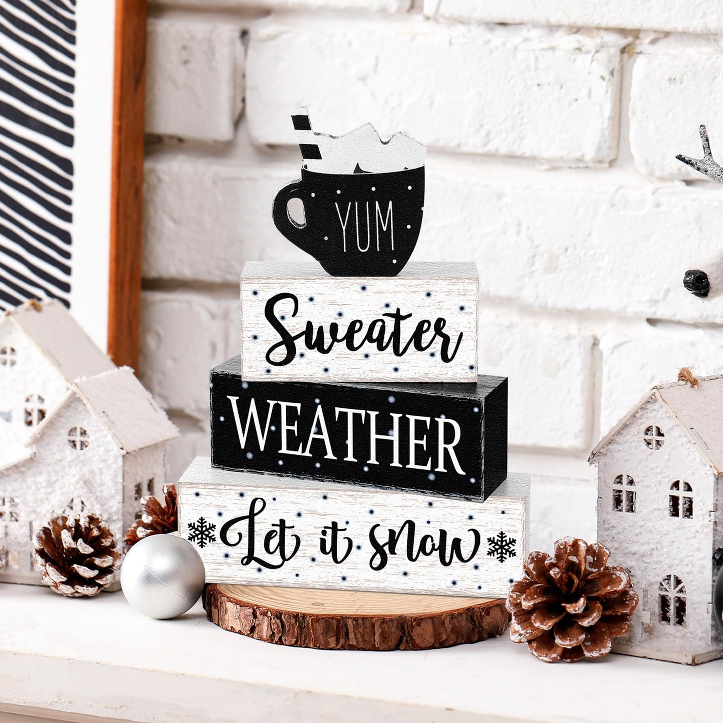 Marsui 4 Pcs Winter Wooden Tabletop Decor Rustic Hot Cocoa Block Sign Gift Farmhouse Christmas Tiered Tray Centerpiece Winter Decor for Home Office Desk Shelf Mantel