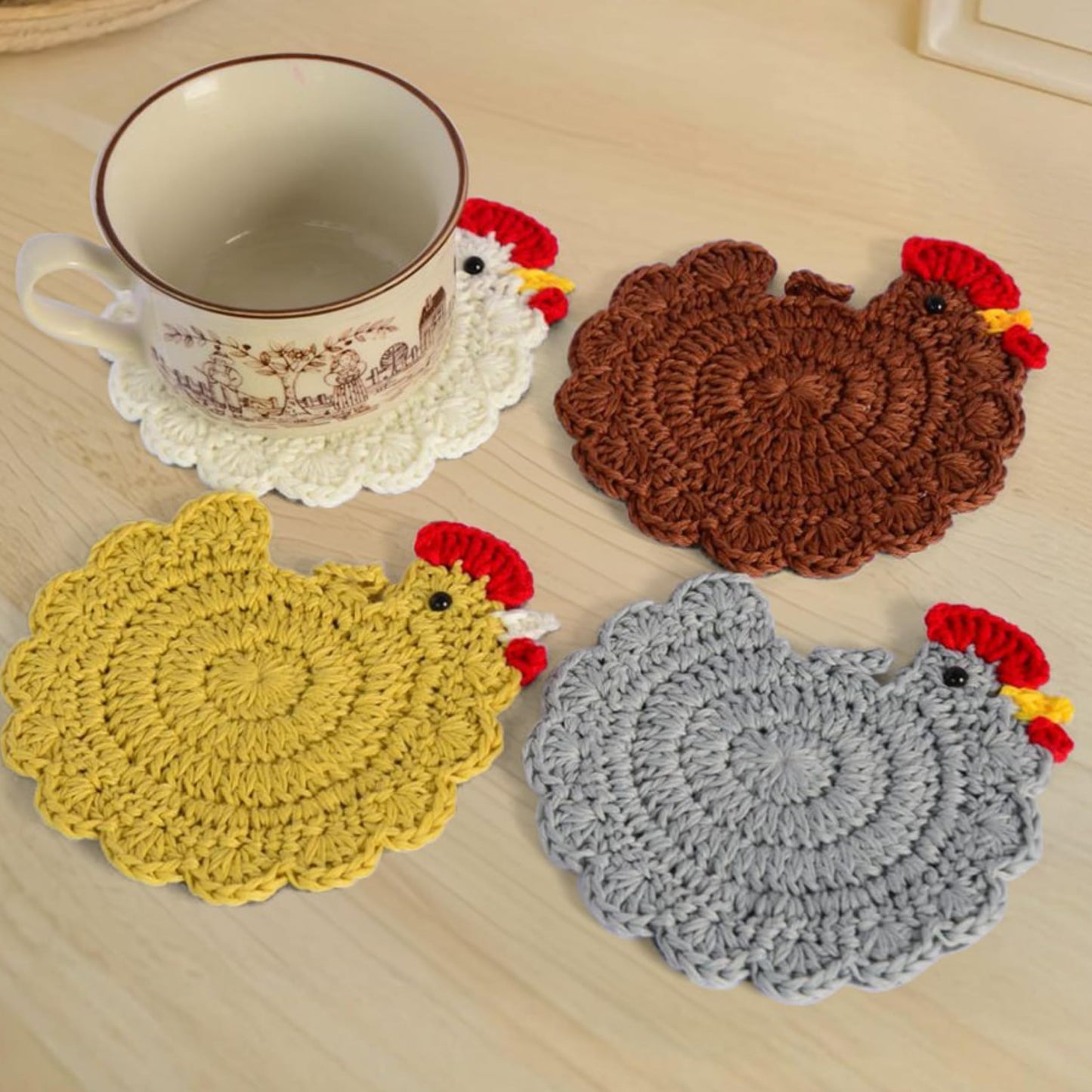 Handmade Crochet Chicken Coasters Set of 4, Mom, Stuffed Animal-Themed Drink Coasters, Cute Desk Accessories, Home Decor, Tabletop Protection, Crazy Chicken Lady Must Have