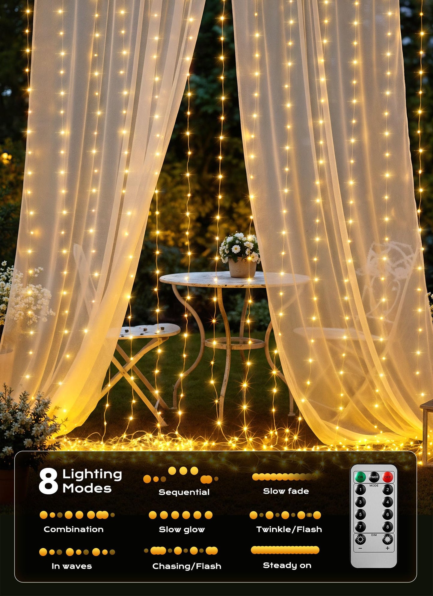 Brightown 300 LED Curtain Lights, 9.8 FT Plug in Fairy Lights for Bedroom, 8 Lighting Modes, Christmas String Lights for Window Wall Wedding Party Birthday Christmas Decorations, Warm White