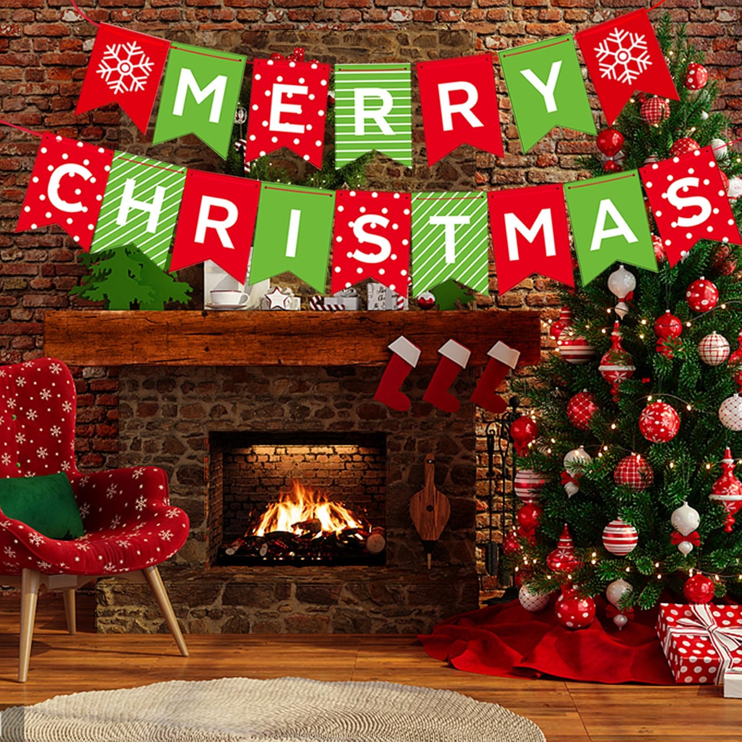 Merry Christmas Banner - Premium Heavyweight Paper Holiday Sign with String & Threading Needle for Indoor Fireplace, Wall, Windows | Traditional Festive Decor (Merry & Bright) (double-sided)