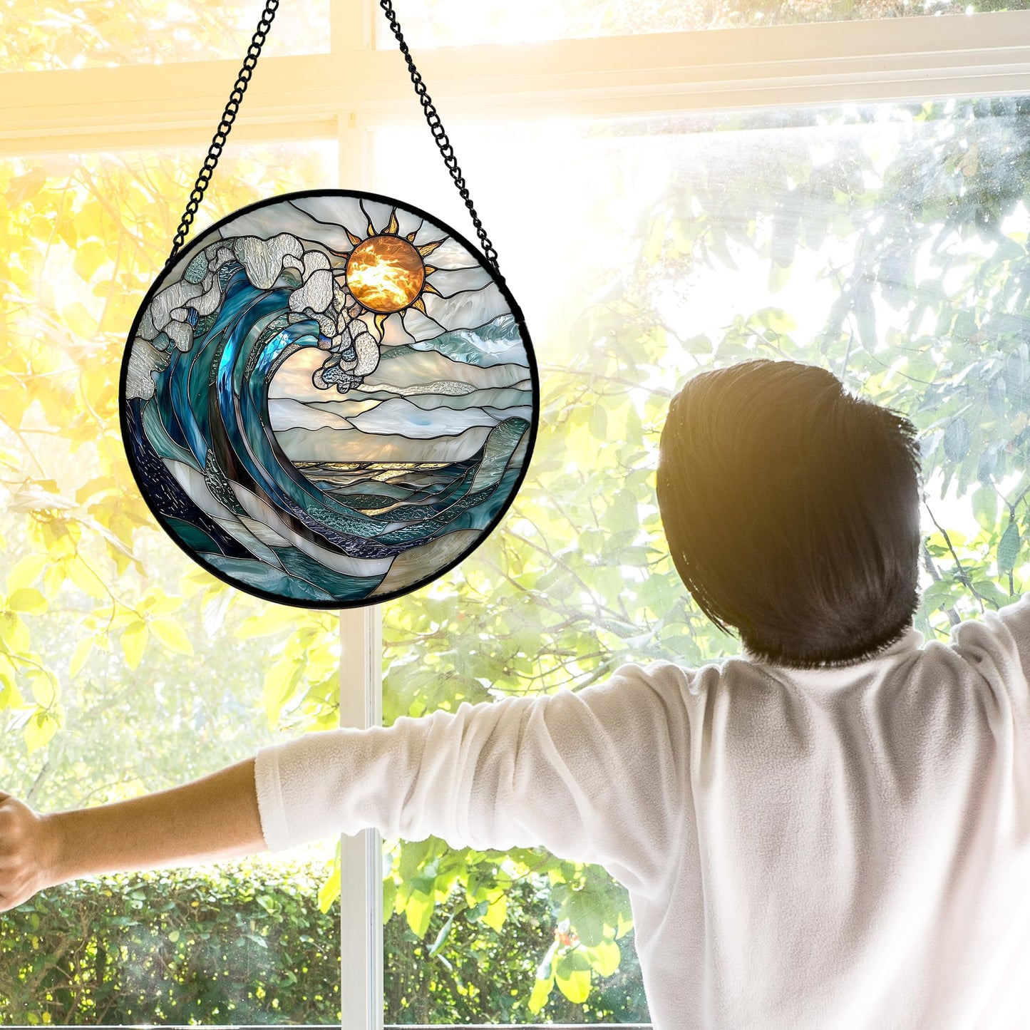 DASTOLL Stained Glass Window Hanging, Blue and White Waves Suncatcher Diamond Glass Panel Landscape Sun Catchers Decor for Birthday for Women, Men, Wife, Aunt, and Mom 6.3 x6.3 in