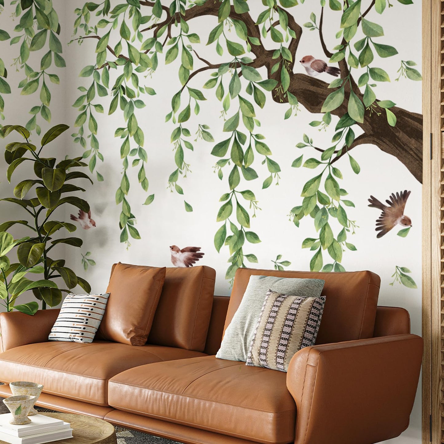 Lilac Wall Decoration Large Green Tree Wall Stickers, 3 Sheets Hanging Vine Tree Wall Decals Peel and Stick Leaves Branch Wall Murals Decor for Living Room Bedroom (Green, 11.8 * 35.4inch)