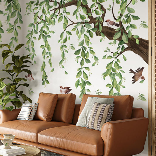Lilac Wall Decoration Large Green Tree Wall Stickers, 3 Sheets Hanging Vine Tree Wall Decals Peel and Stick Leaves Branch Wall Murals Decor for Living Room Bedroom (Green, 11.8 * 35.4inch)