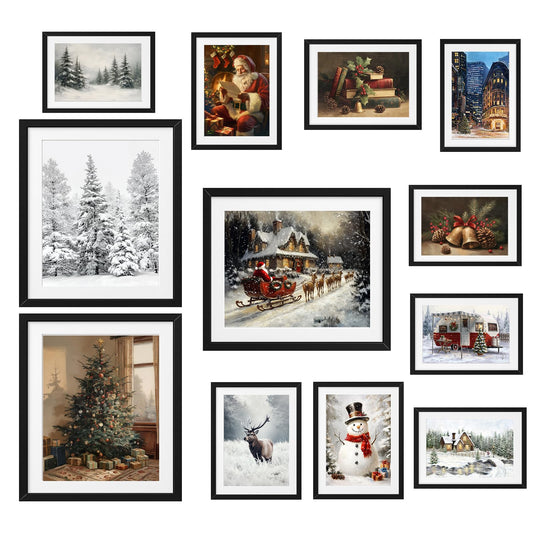 JJY Vintage Christmas Wall Art Prints Set of 12 -Winter Christmas Wall Art Posters Decor -Santa Xmas Tree Forest Snow Scene Street Christmas Aesthetic for Home Living Room Bedroom Decoration (Unframed)