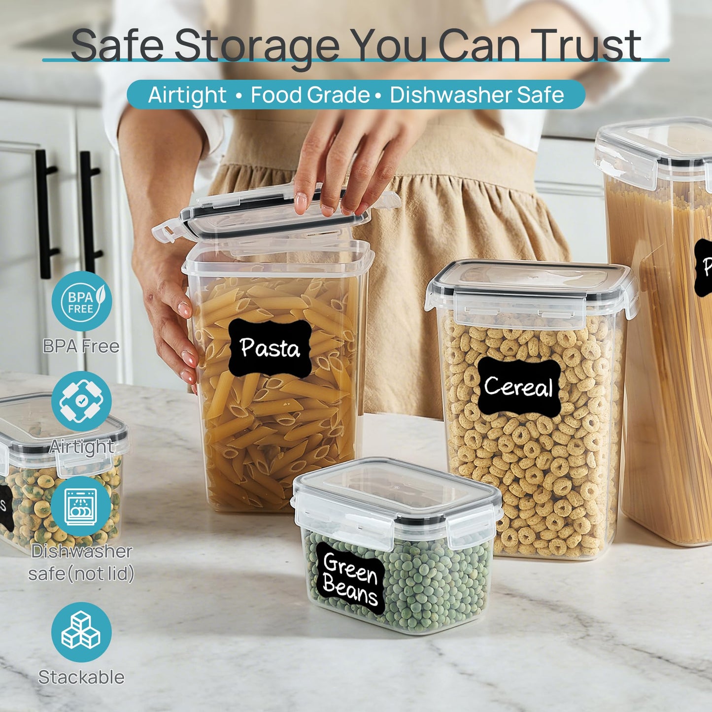 Airtight Food Storage Containers with Lids, Vtopmart 24 pcs Plastic Kitchen and Pantry Organization Canisters for Cereal, Dry Food, Flour and Sugar, BPA Free, Includes 24 Labels，Black