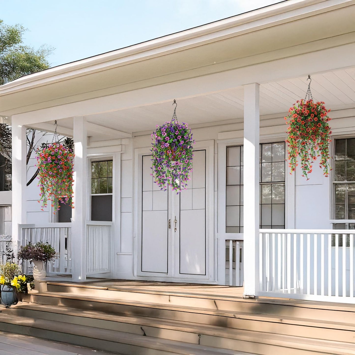INQCMY Artificial Fake Hanging Flowers Plants for Outdoor Summer Decoration,2 PCS Faux Silk Daisy with Eucalyptus Leaves,UV Resistant Look Real for Outside Home Planter Porch Patio Balcony Yard Decor