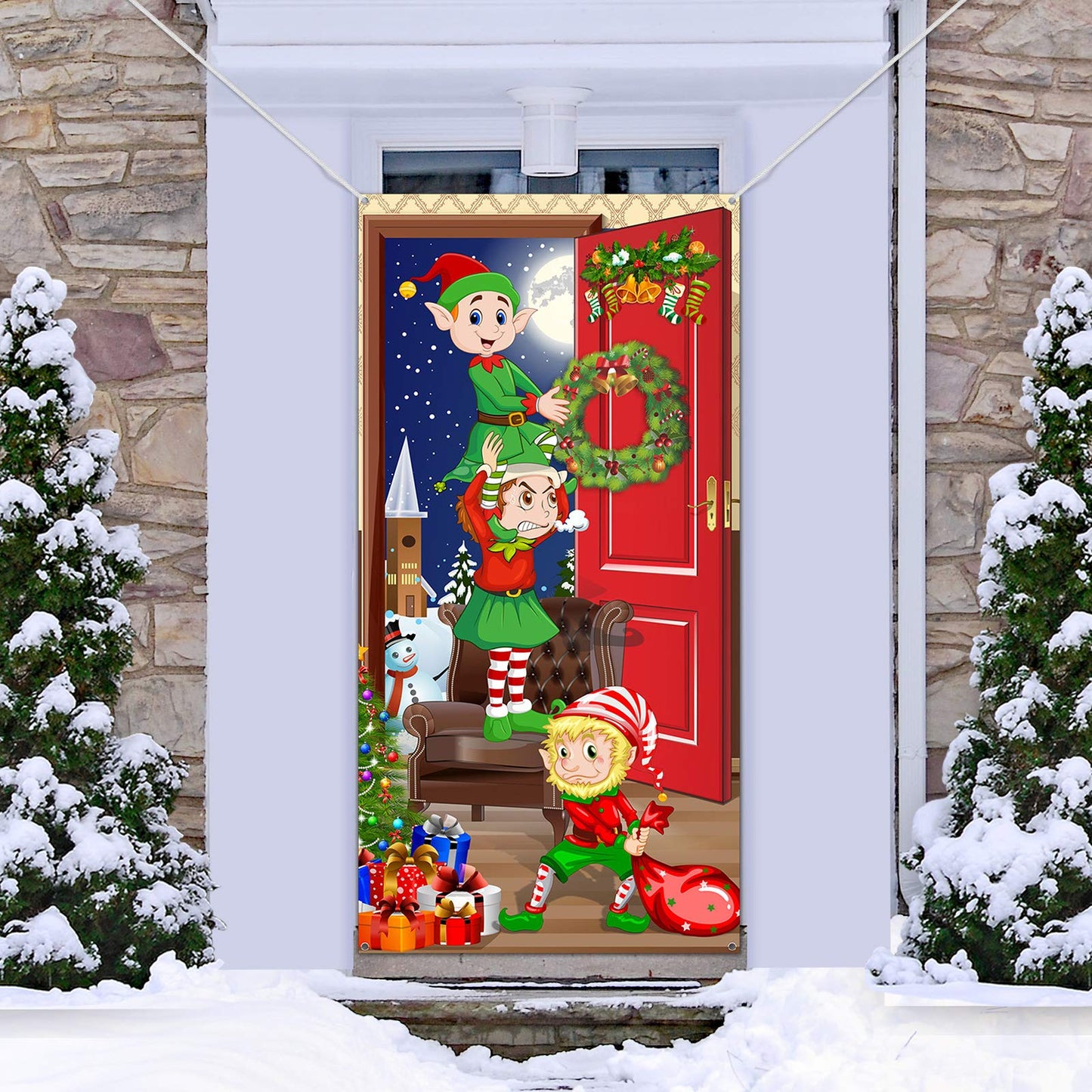 Funny Elves Fabric Door Backdrop - Santa Christmas Photo Booth Backdrop Banner and Door Cover - 70.9 x 35.4 Inch