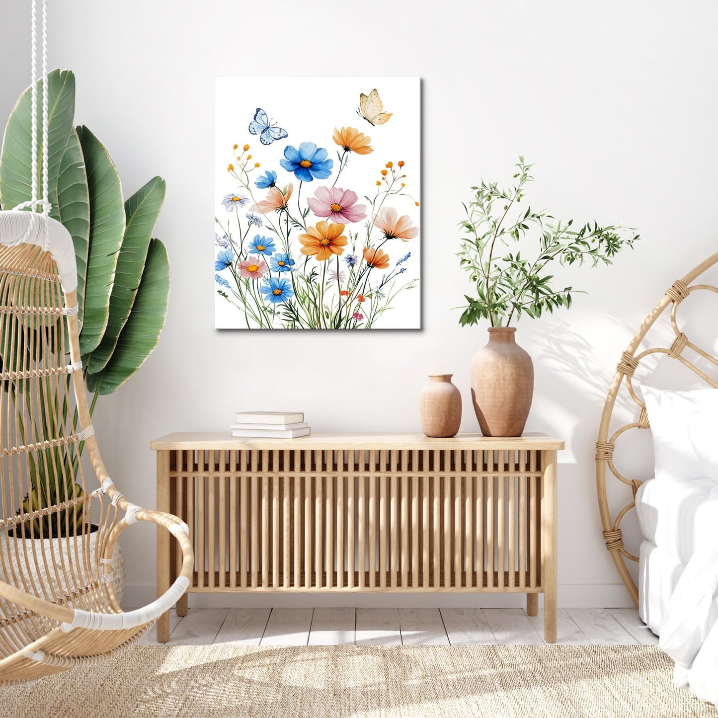 RASEONG Spring Floral Wall Art for Livingroom, Blue and Pink Flower Nature Plant Wall Decor Rustic Wildflower Wall Decor for Bathroom Office Bedroom, 12W x 16L Inches