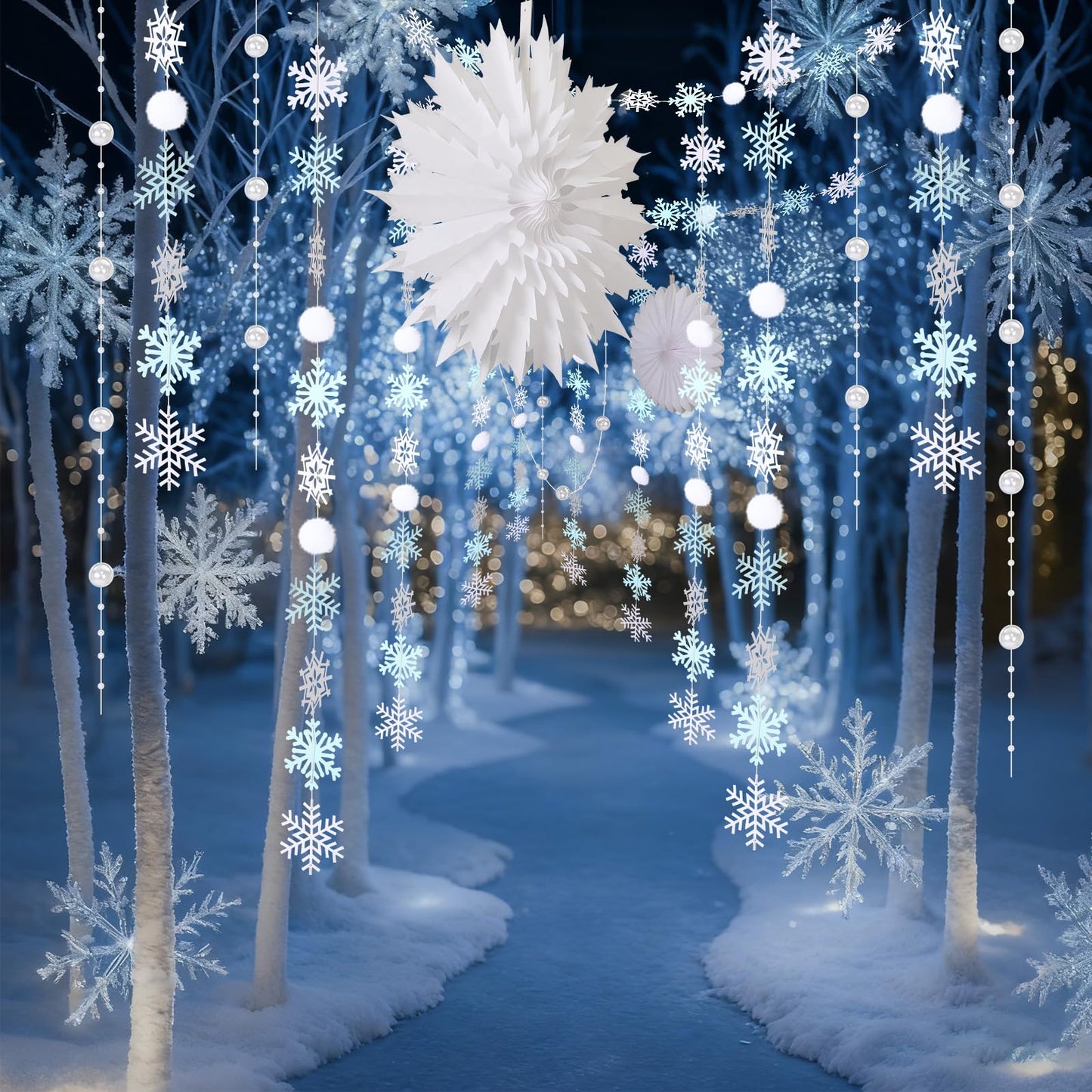 Suncalla 18 Pcs Winter Wonderland Snowflake Decorations Hanging Snowy Scene Landscape Party Ornament with Snow Garland Pearl String 15'' Snowflake Paper Fan for Winter Party Photo Props