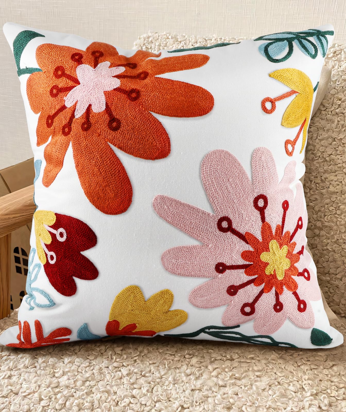 Kokaaee Embroidered Throw Pillow Cover - 18x18 Decorative Pillow Cover with Zipper Aesthetic Cute Design Boho Spring Summer Cozy Throw Pillowcase for Living Room Couch Sofa Bed, Artistic Flowers