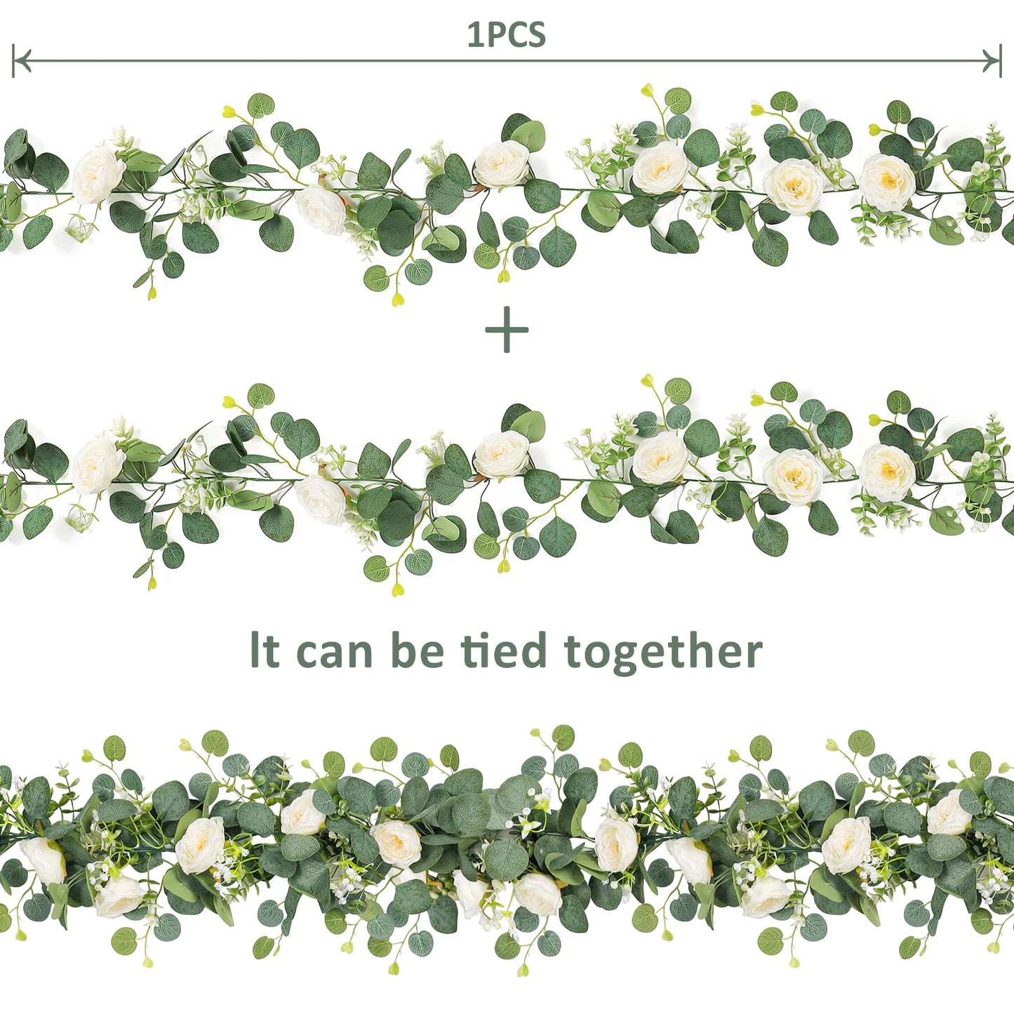 TOCHGREEN 2 Pack 13Ft Artificial Eucalyptus Flower Garland with White Roses, Fake Rose Flower Greenery Garland Floral Vines for Wedding Home Party Table Runner Decor (2PCS, White)
