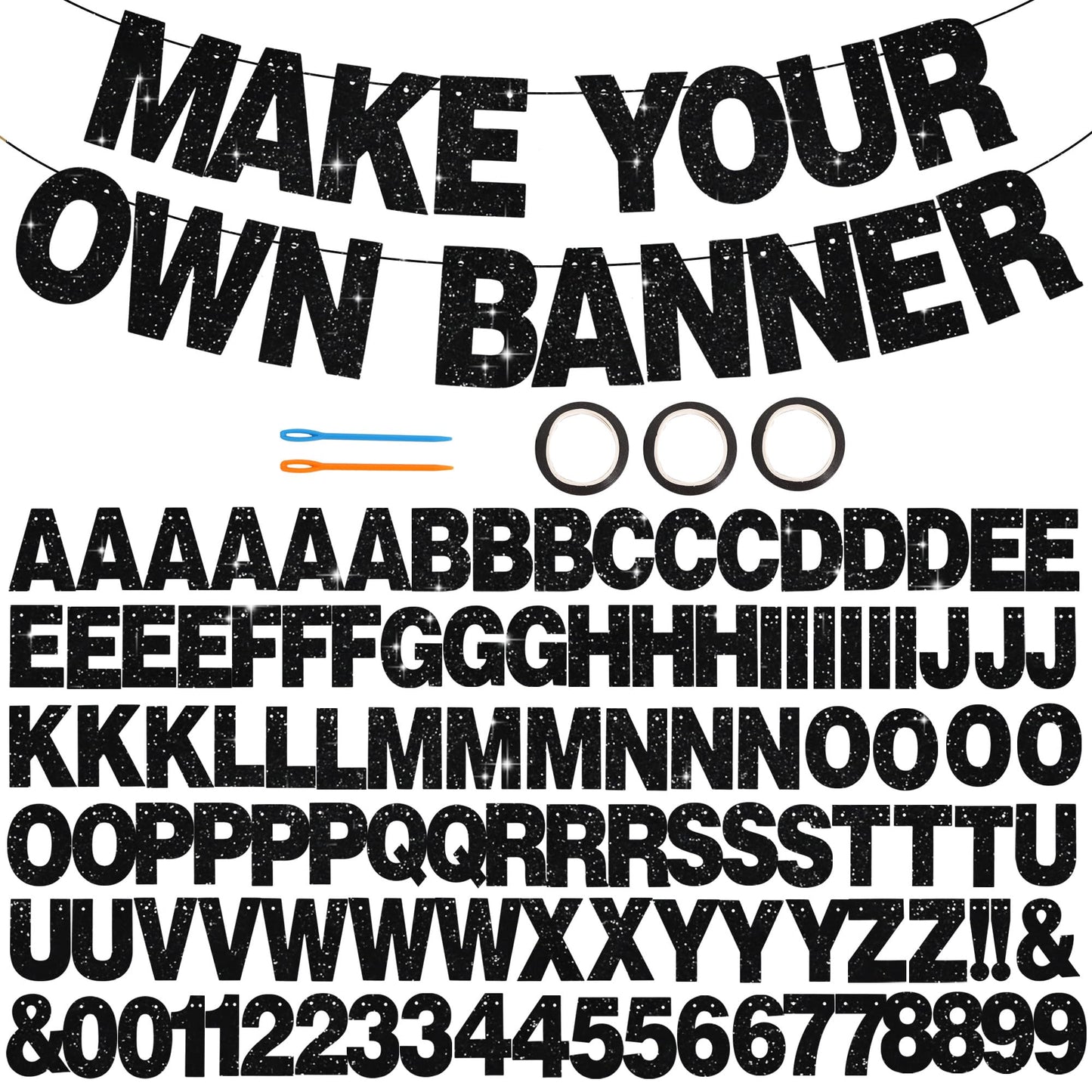 BEISHIDA 116 PCS A-Z DIY Letter Banner Kit Make Your Own Banner Including 111 Letters and Numbers 3 Rope and 2 Threading Device,Customized for Birthday Graduation Wedding Decor Black