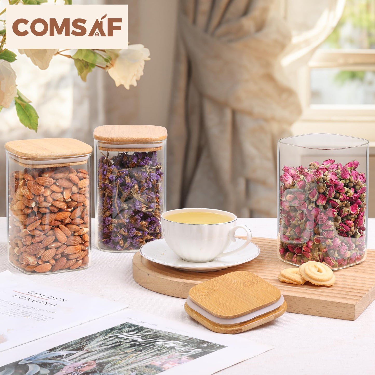 ComSaf 1.2 Qt Glass Storage Containers with Lids, Glass Jars with Lids, Clear Food Storage Jar, Square Canister Set of 9, Pantry Organizers and Storage for Cookie Flour Oat Pasta Tea Coffee Bean
