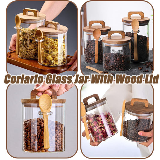 Coriario 24 OZ Glass Jar with Wooden Lid and Spoon Airtight Glass Candy Jars Wide Mouth Clear Glass Coffee Storage Canister Handle Lids for Food Sugar Cookie Tea Decorative